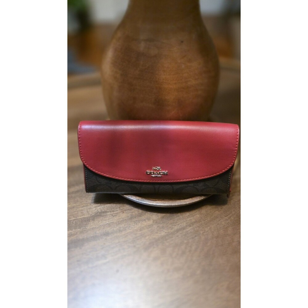 Coach Red Brown Logo Pattern Flap Folding Wallet, Zipper Accent, Women’s